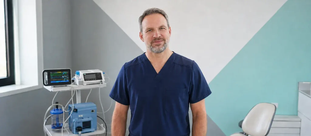 Sebastián Mayanz, anestesiólogo, junto a monitor y bomba de infusión para sedación
